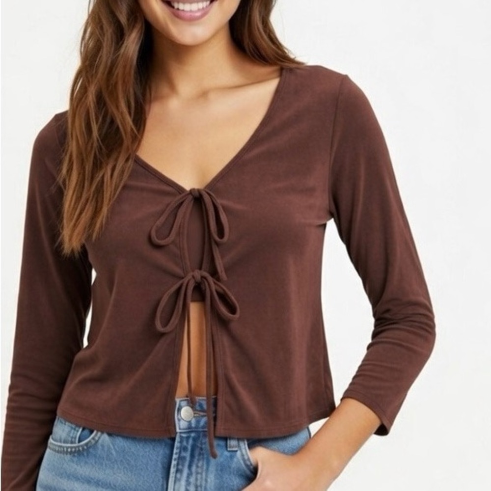 See You Monday Women's Brown Velvet-like Tie Front Long Sleeve Crop Top NWT